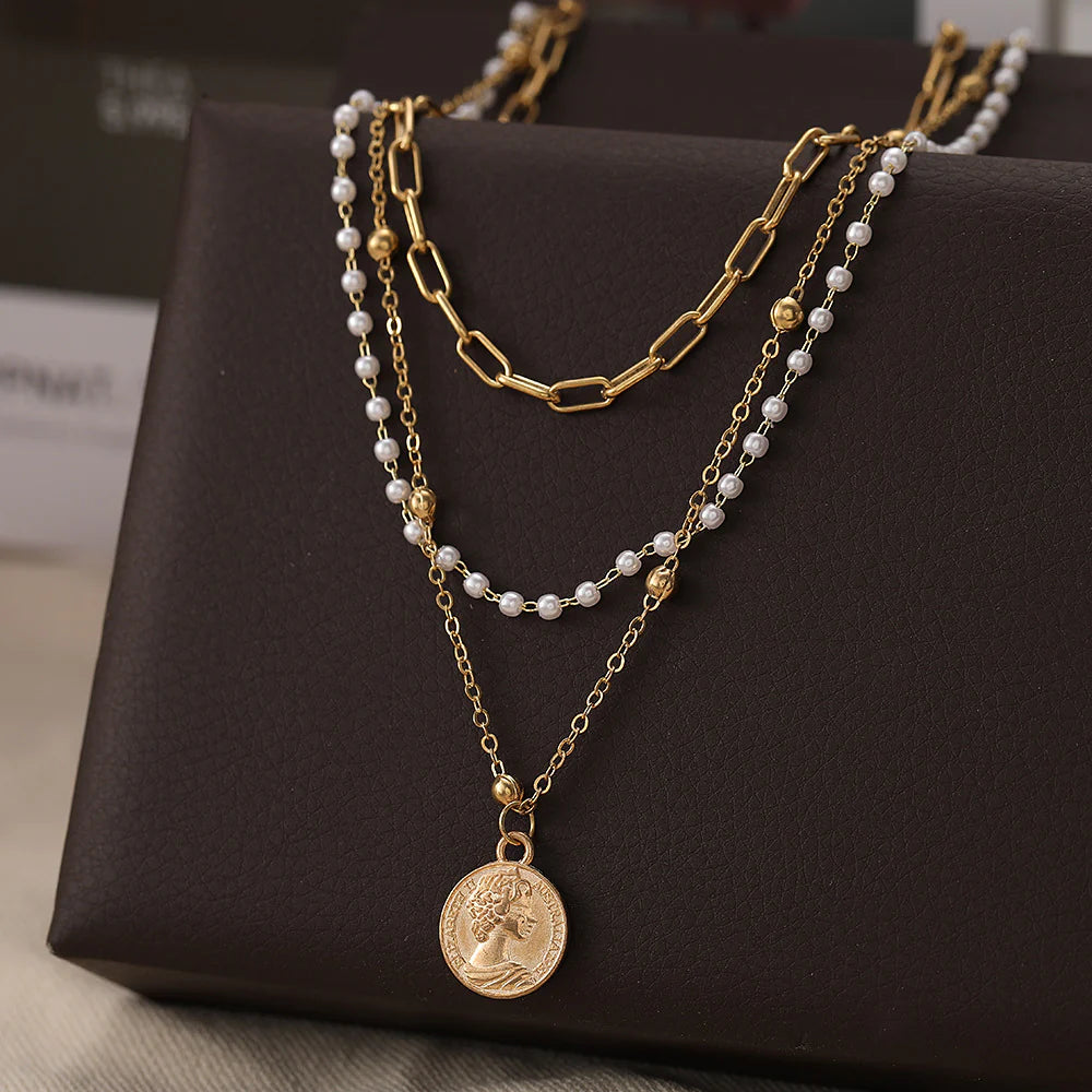 PERKY PEARL COIN 3 LAYERED NECKLACE