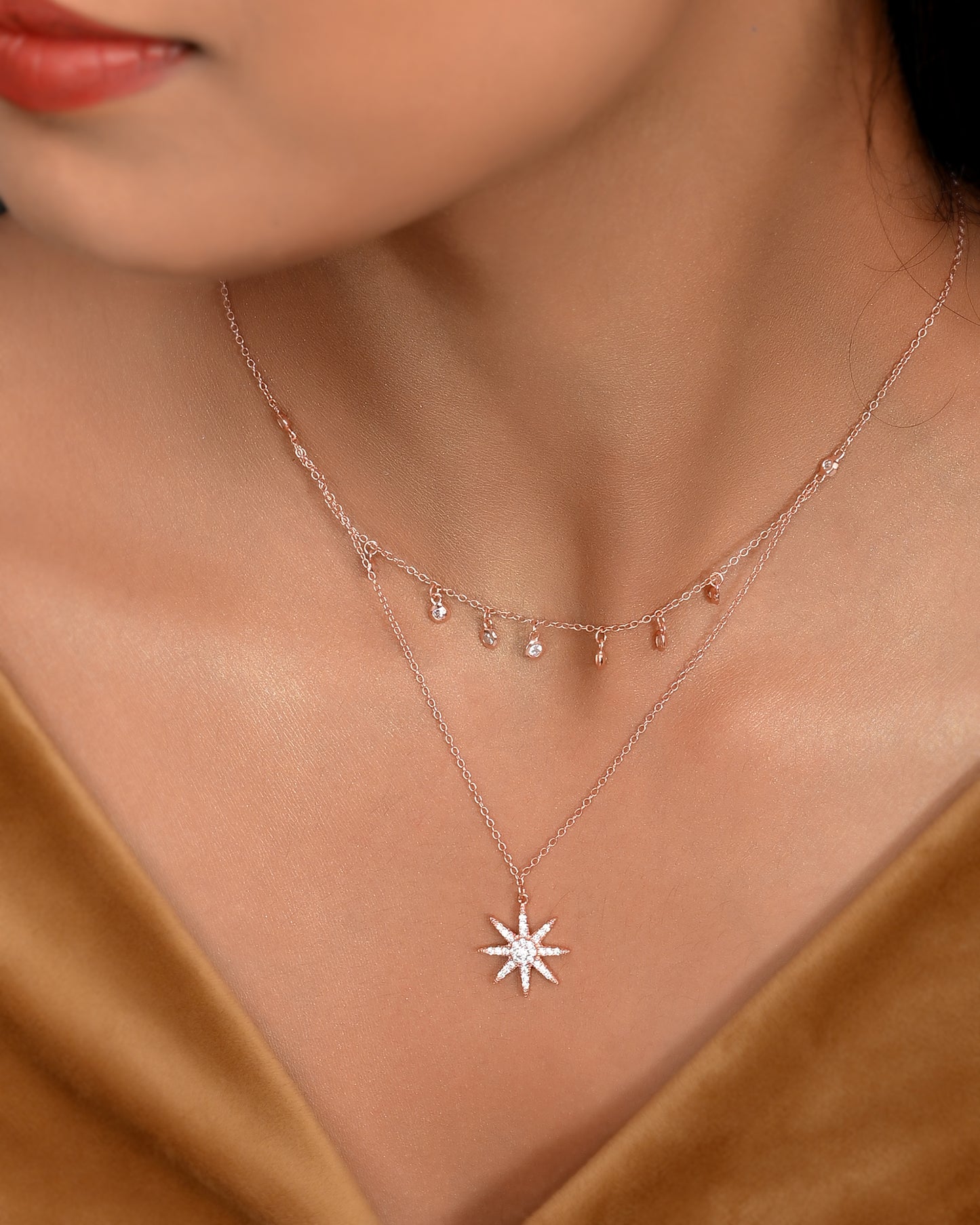 SILVER ROSEGOLD DIAMOND DUOLAYER STAR NECKLACE