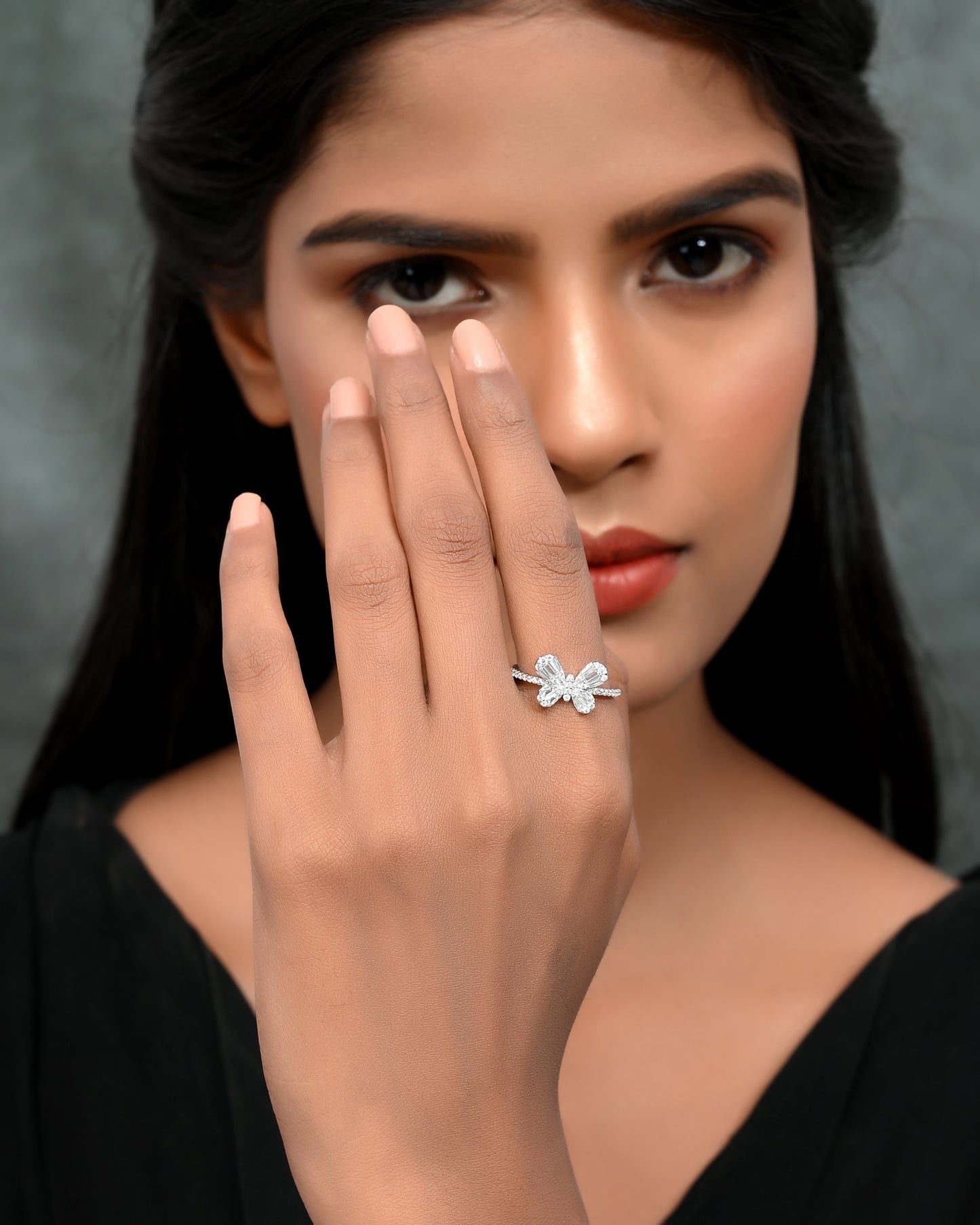 SILVER DIAMOND LILY BUTTERFLY RING