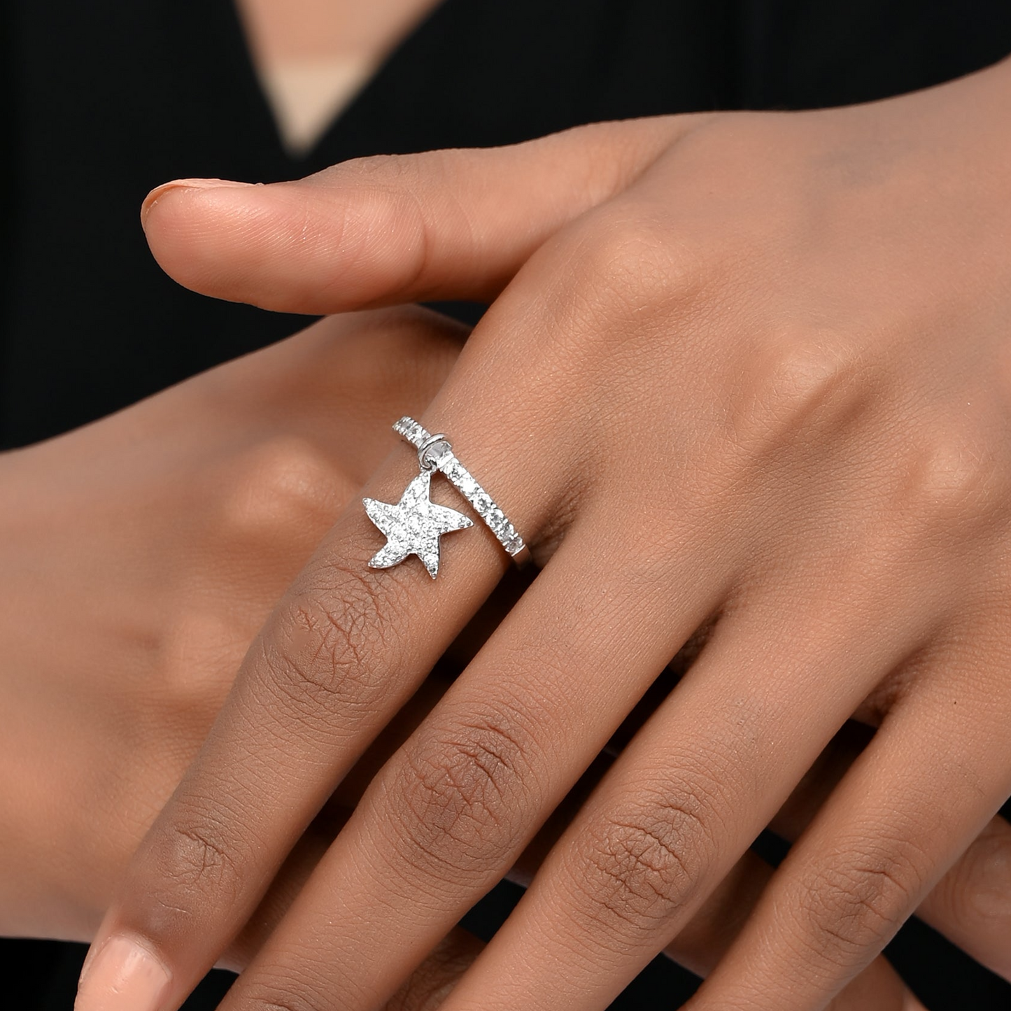 SILVER DIAMOND PENDANT STARFISH RING