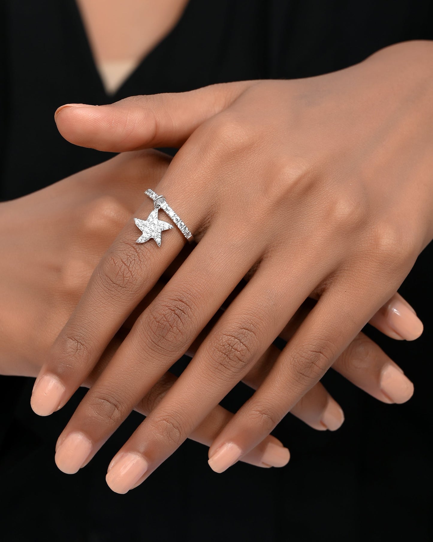 SILVER DIAMOND PENDANT STARFISH RING
