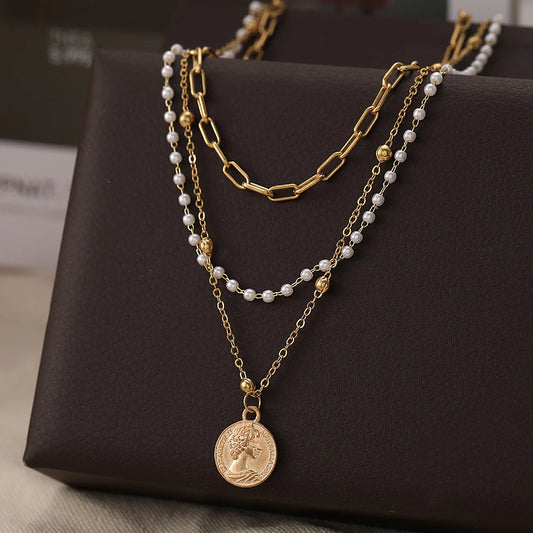 PERKY PEARL COIN 3 LAYERED NECKLACE