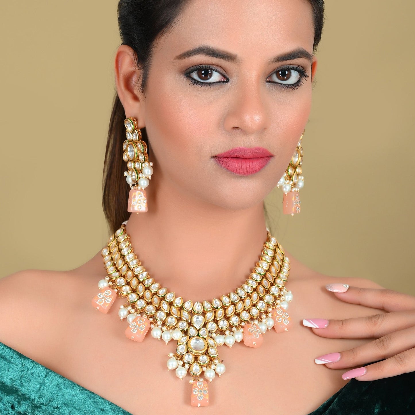 PEACH KUNDAN NECKLACE SET