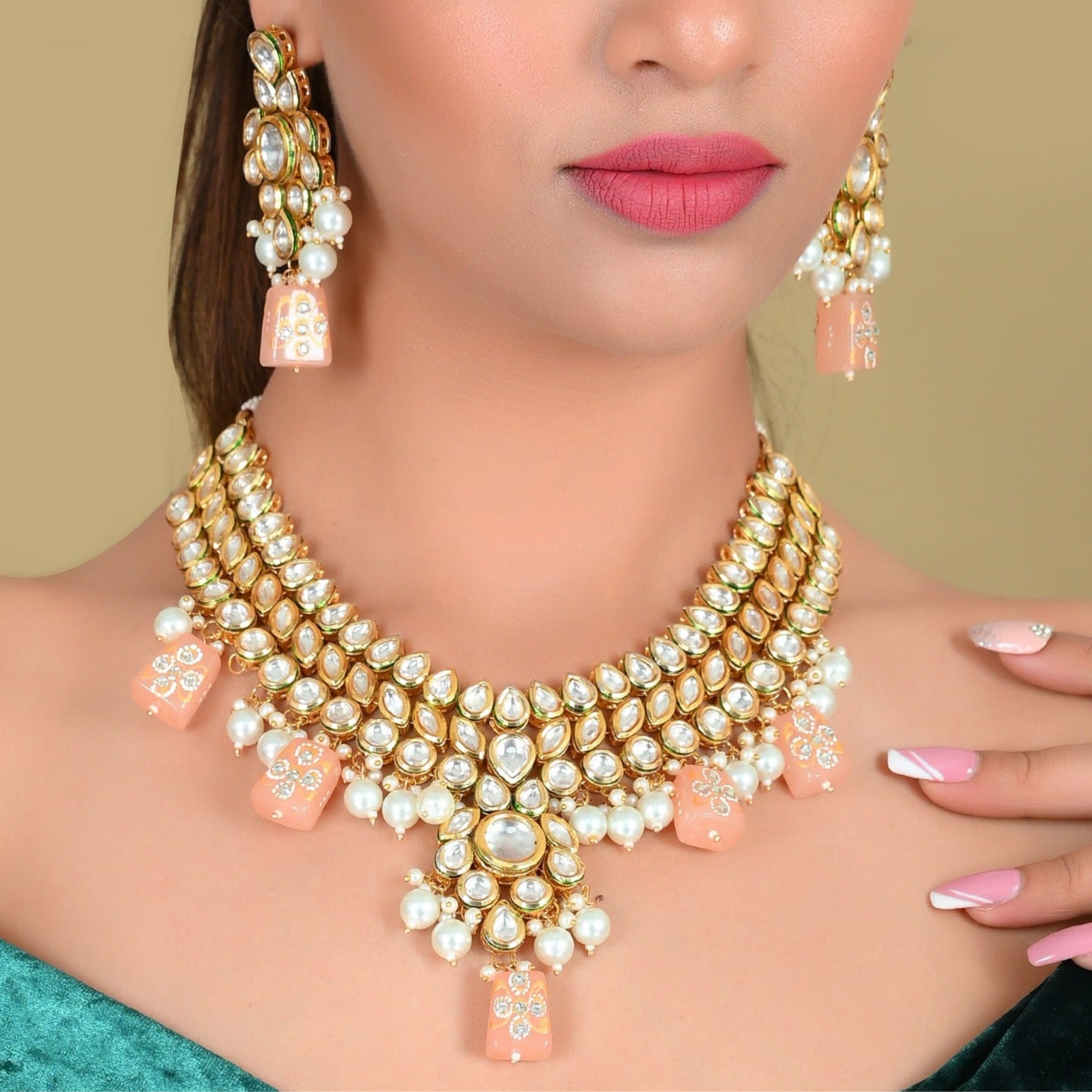 PEACH KUNDAN NECKLACE SET