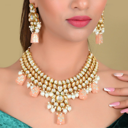 PEACH KUNDAN NECKLACE SET