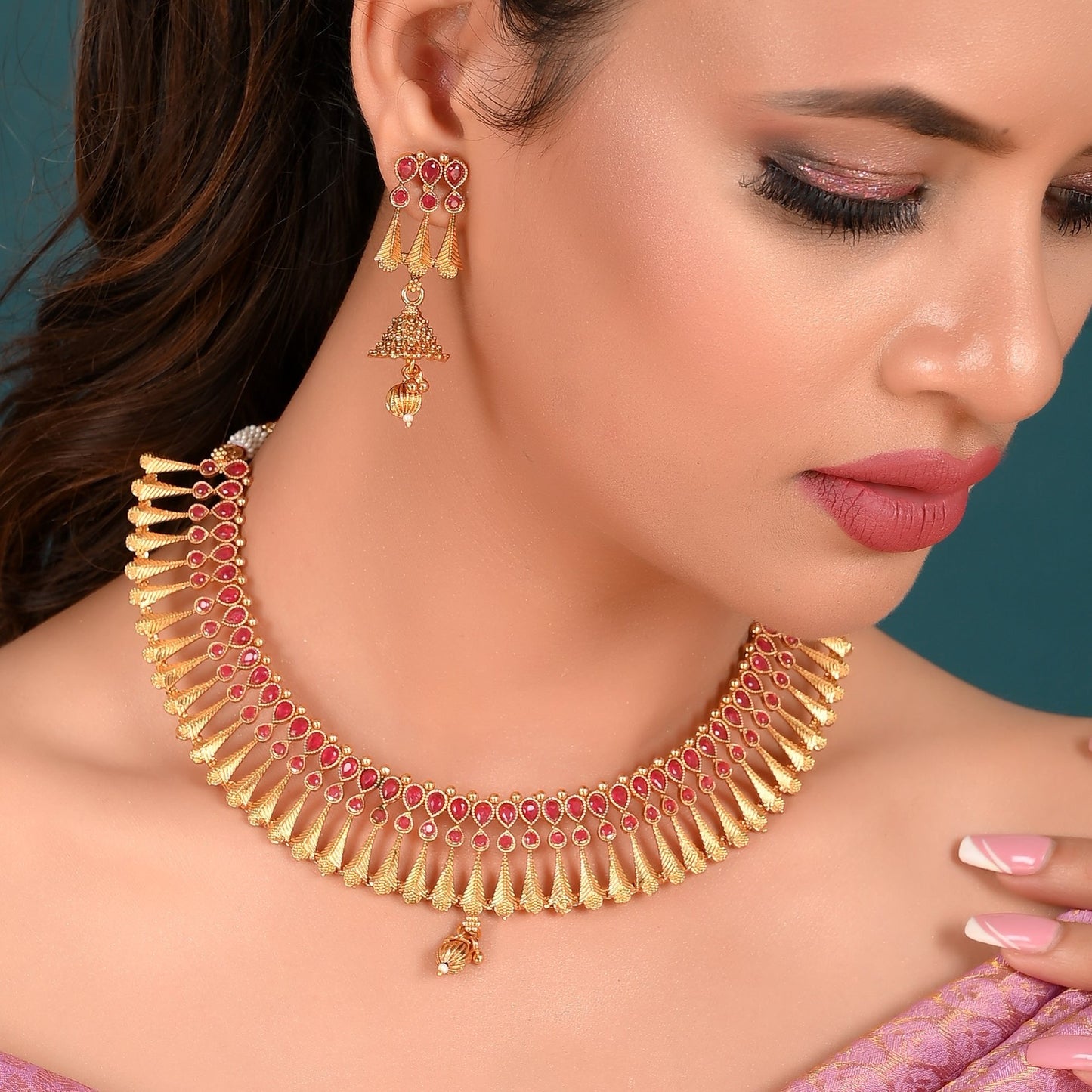 PINK GOLDEN JAIMINI NECKLACE SET