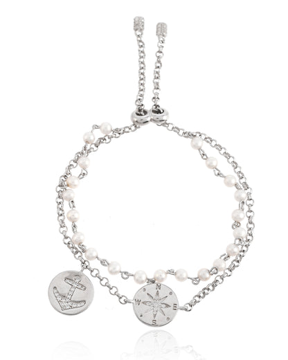 SILVER COMPASS ANCHOR PEARL BRACELET