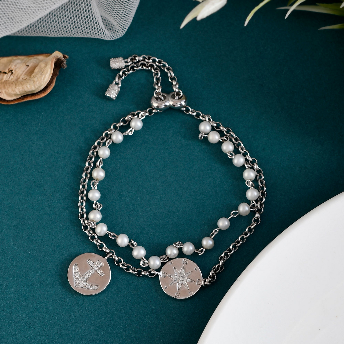 SILVER COMPASS ANCHOR PEARL BRACELET