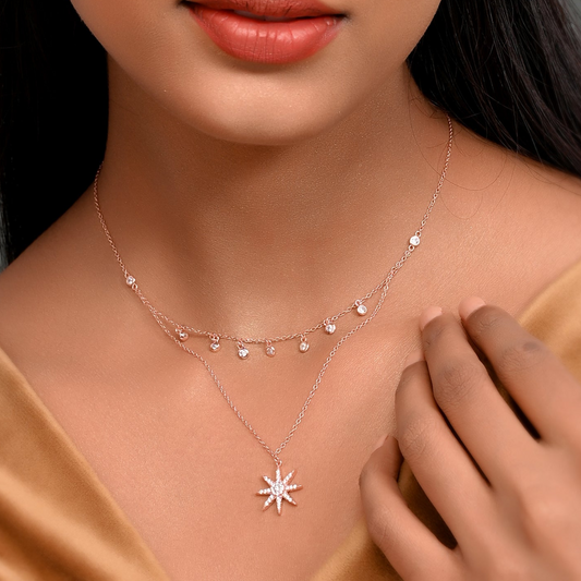 SILVER ROSEGOLD DIAMOND DUOLAYER STAR NECKLACE