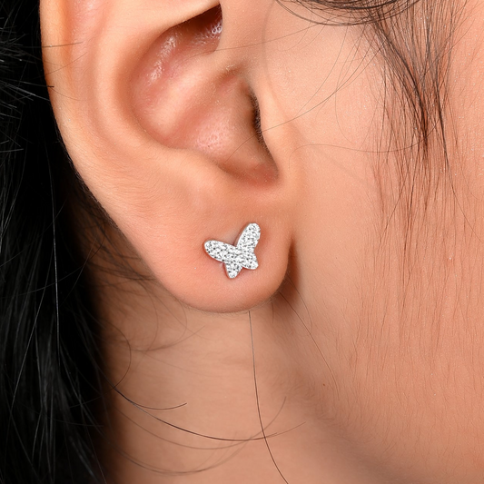 SILVER DIAMOND STUD BUTTERFLY EARRINGS