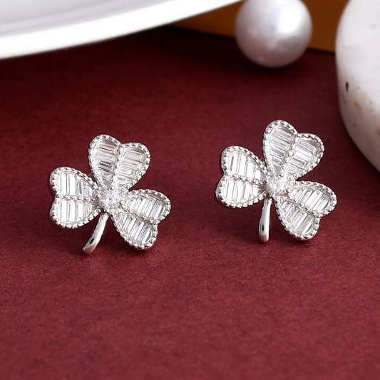 SILVER DIAMOND THREE PETAL EARRINGS