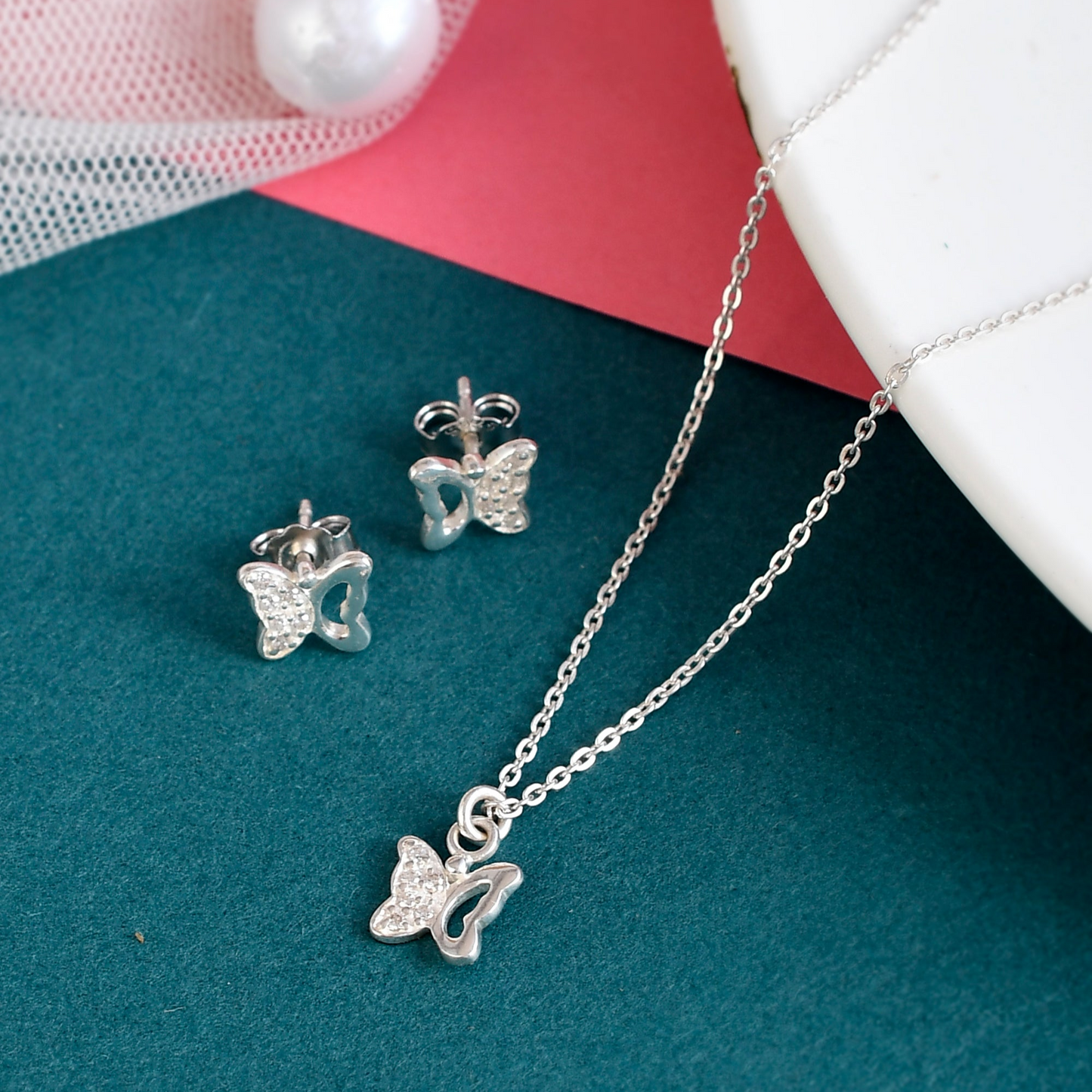 SILVER DIAMOND WING BUTTERFLY NECKLACE SET