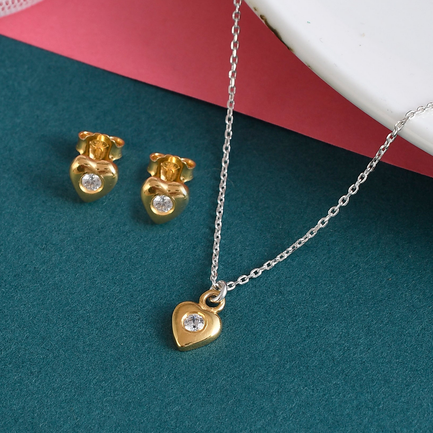 SILVER GOLD DIAMOND HEART NECKLACE SET