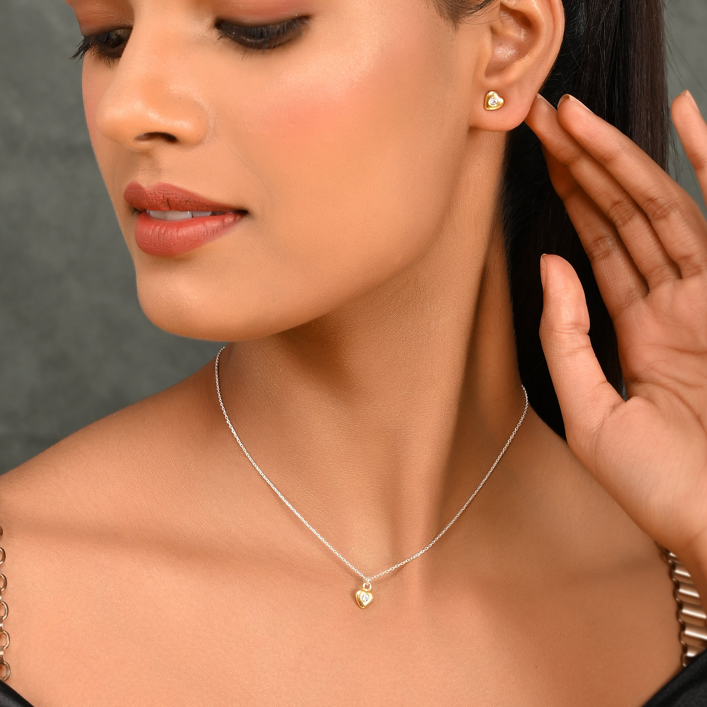 SILVER GOLD DIAMOND HEART NECKLACE SET