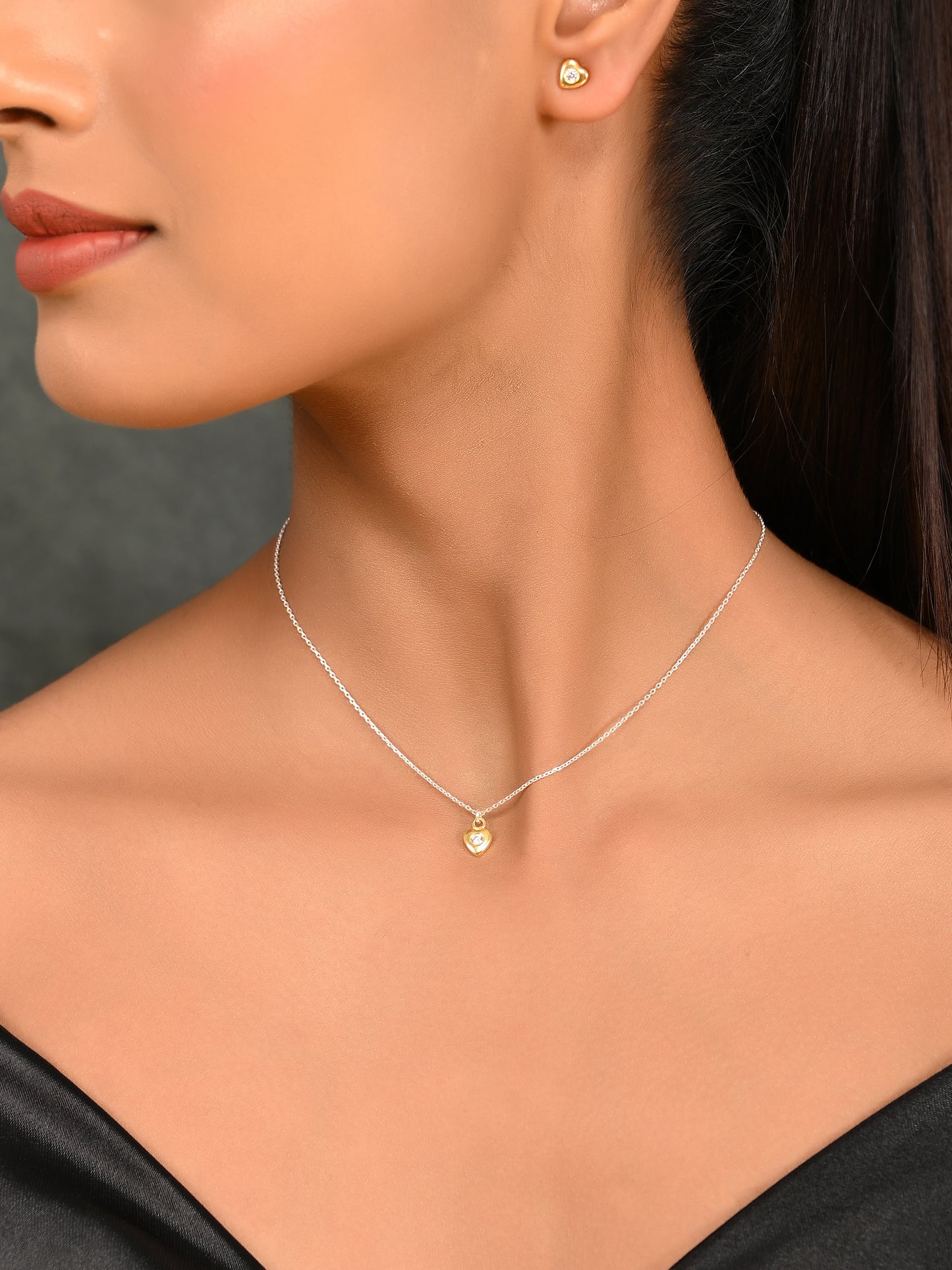 SILVER GOLD DIAMOND HEART NECKLACE SET