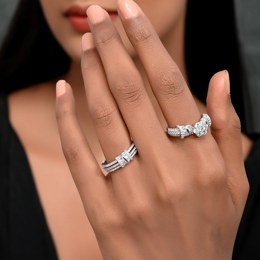 SILVER HEXA DIAMOND FLORAL RING