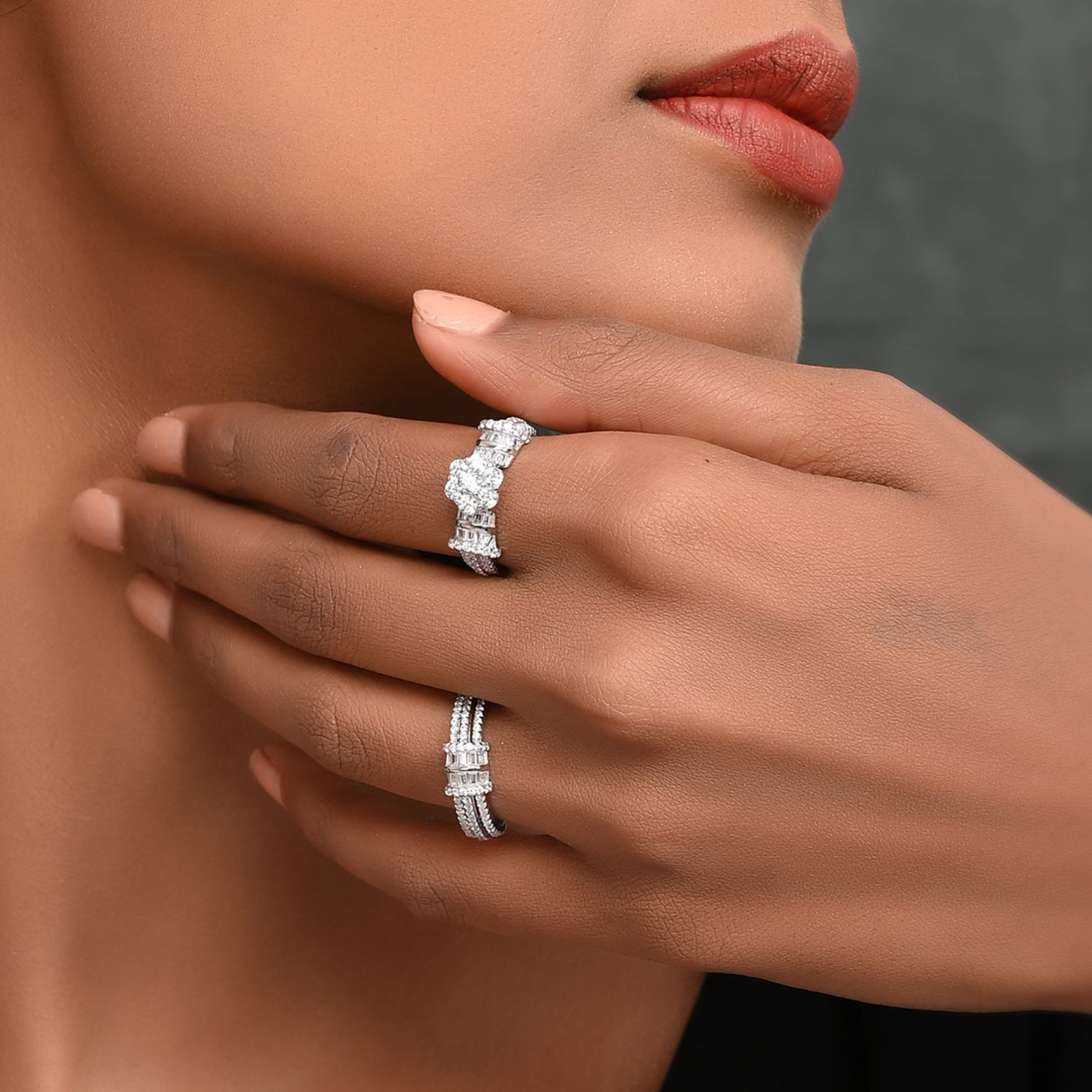 SILVER HEXA DIAMOND FLORAL RING