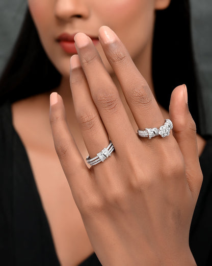 SILVER HEXA DIAMOND FLORAL RING