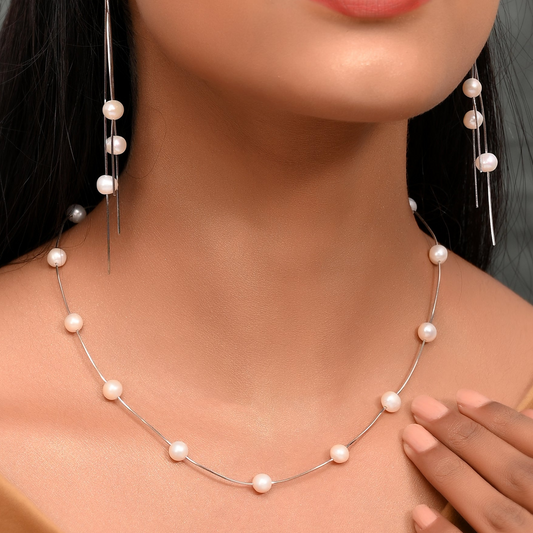 SILVER PEARL TANGLED NECKLACE SET