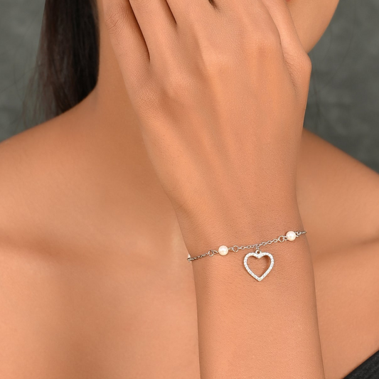 SILVER PEARL HEART BRACELET